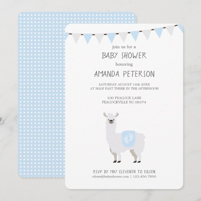 Blue & Off-White Gender Neutral Llama Baby Shower Invitation (Front/Back)