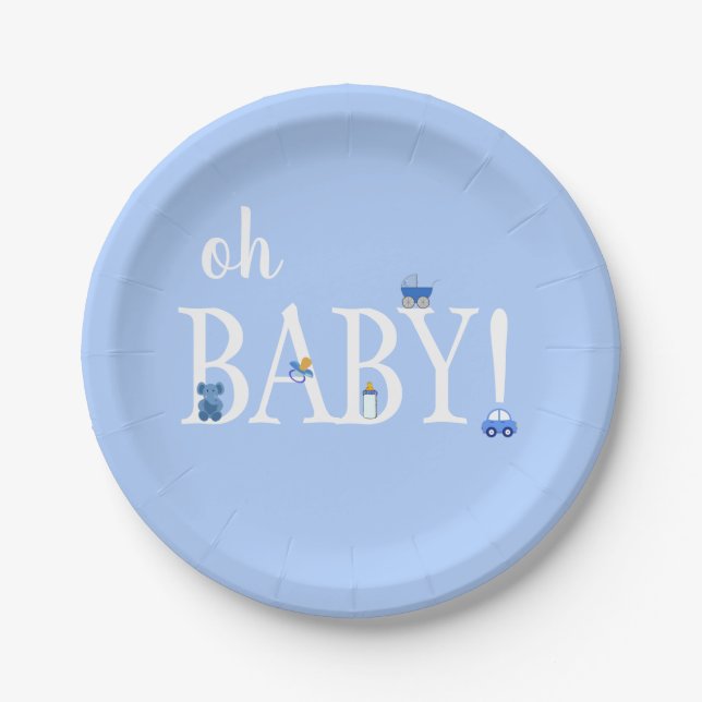 Blue Oh Baby Boy Baby Shower Custom Paper Plate (Front)