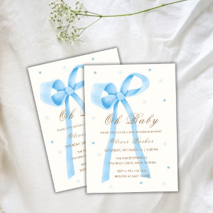 Blue Oh Baby Minimalist Polka Dot Bow Baby Shower Invitation