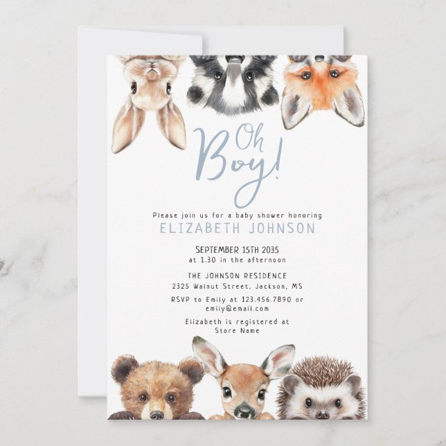 Blue Oh Boy Forest Woodland Animals Baby Shower Invitation (Front)