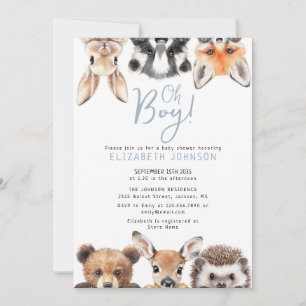 Blue Oh Boy Forest Woodland Animals Baby Shower Invitation