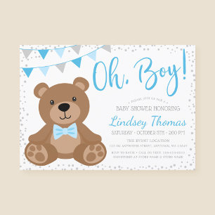 Blue Oh Boy Teddy Bear Baby Shower Invitation
