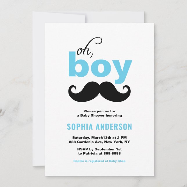 Blue Oh It's a Boy Mustache Baby Shower Invitation (Front)