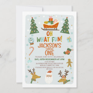 Blue Oh What Fun Christmas 1st Birthday Invitation