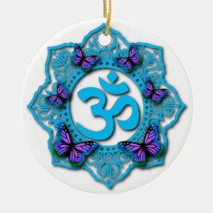 Blue ohm mandala design with purple butterflies ceramic ornament