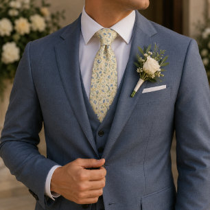Blue & Olive Botanical Geometric Garden Wedding Tie