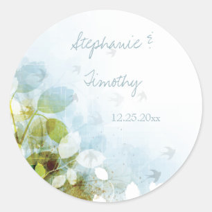 Blue olive green foliage birds wedding stickers