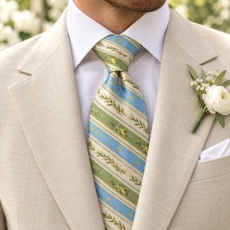 Blue Olive Green Ivory Mediterranean Botanical Tie