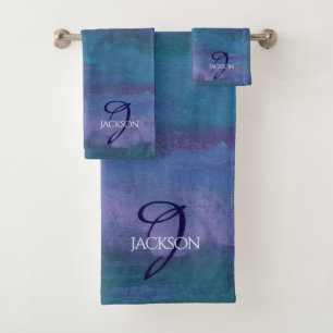 Blue Ombre Abstract   Teal Violet Purple Monogram Bath Towel Set