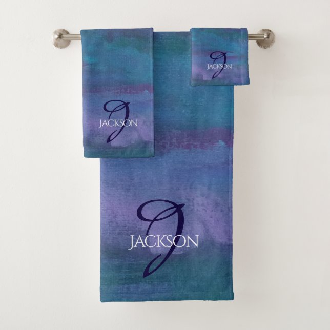 Blue Ombre Abstract | Teal Violet Purple Monogram Bath Towel Set (Insitu)
