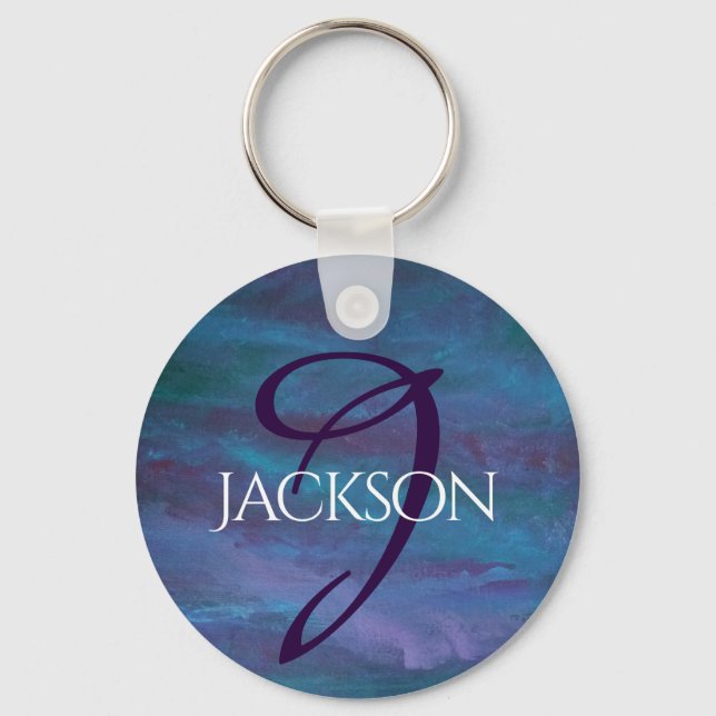 Blue Ombre Abstract | Teal Violet Purple Monogram Key Ring (Front)