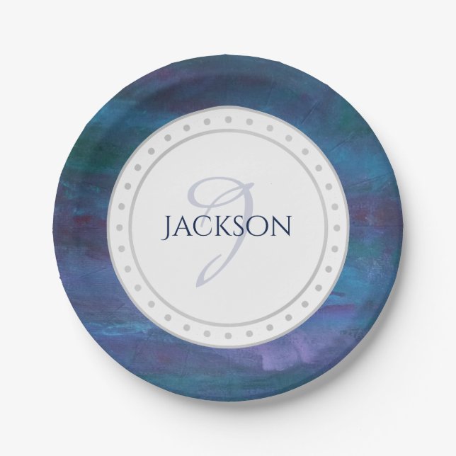 Blue Ombre Abstract | Teal Violet Purple Monogram Paper Plate (Front)