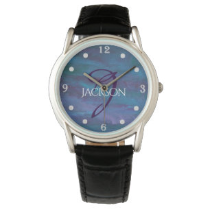 Blue Ombre Abstract   Teal Violet Purple Monogram Watch