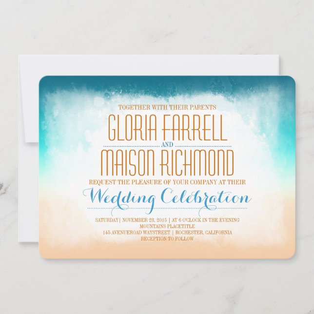 Blue ombre beach wedding invitation (Front)