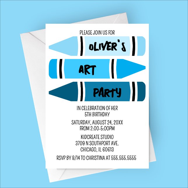 Blue Ombre Crayons Art Birthday Party Invitation (Blue Ombre Crayons Art Party Birthday Invitation)