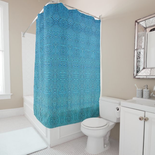 Blue ombre geometric abstract shower curtain (In Situ)
