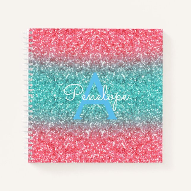 Blue Ombre Glitter and Monogram Recipe Notebook (Front)