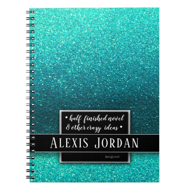 Blue Ombre Glitter Sparkles Black White Monogram Notebook (Front)