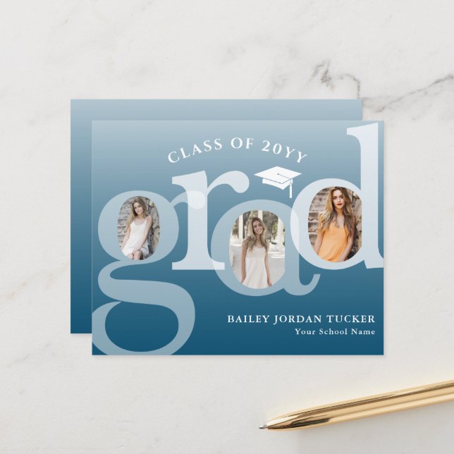 Blue Ombre GRAD Budget Graduation Announcement (Front/Back In Situ)