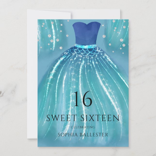 Blue Ombre Mermaid Dress 15th Sweet 16 Party Invitation (Front)