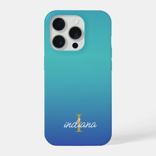 Blue Ombre Monogram Script Modern iPhone Case (Back)