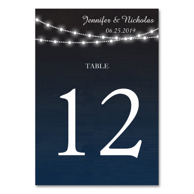 Blue Ombre n Lights Wedding Reception Table Number (Front)