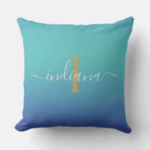 Blue Ombre Script Name Monogram Cushion
