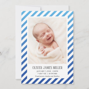 Blue Ombre Striped Photo Baby Birth Announcement