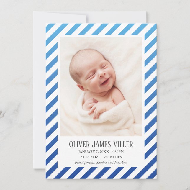Blue Ombre Striped Photo Baby Birth Announcement (Front)