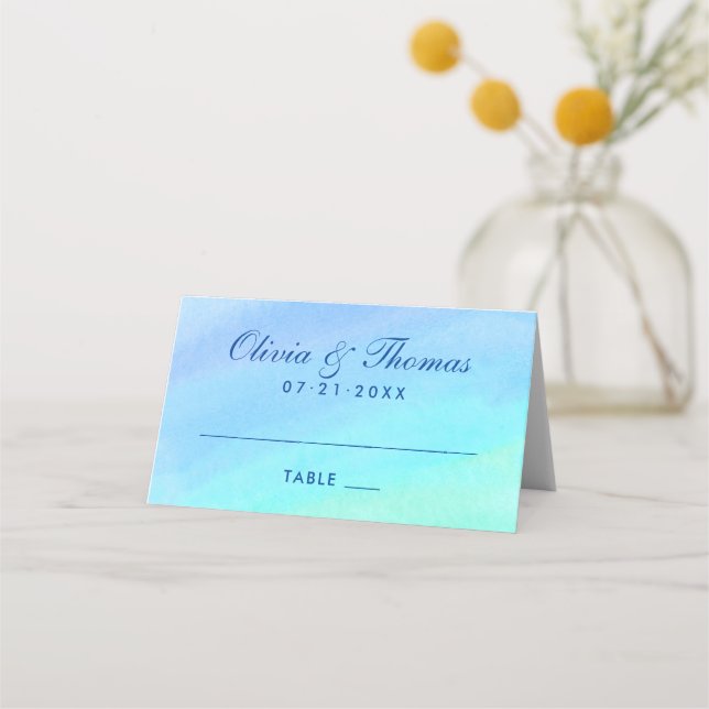 Blue Ombre Watercolor Custom Wedding Monogram Place Card (Front)