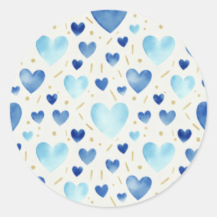 Blue Ombre Watercolor & Gold Glitter Heart Pattern Classic Round Sticker