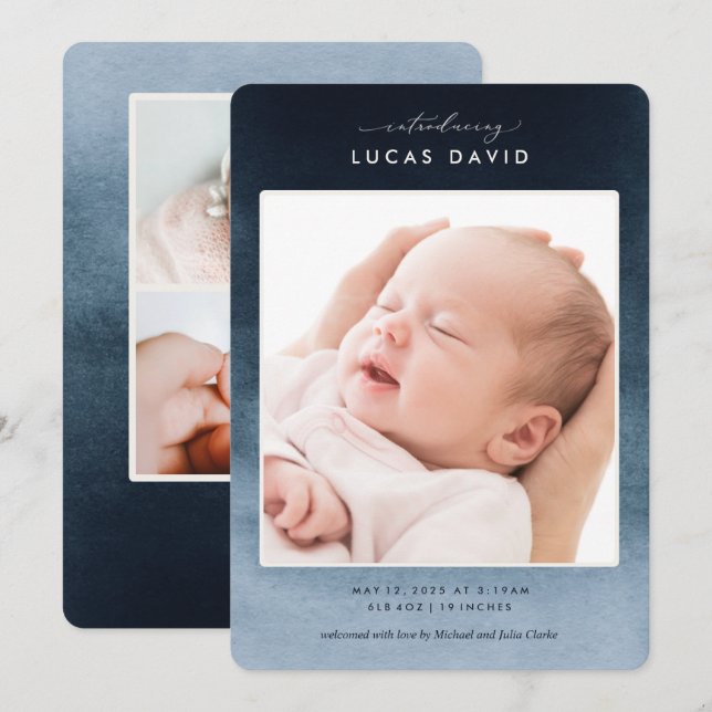 Blue Ombre Watercolor Photo Birth Announcement (Front/Back)