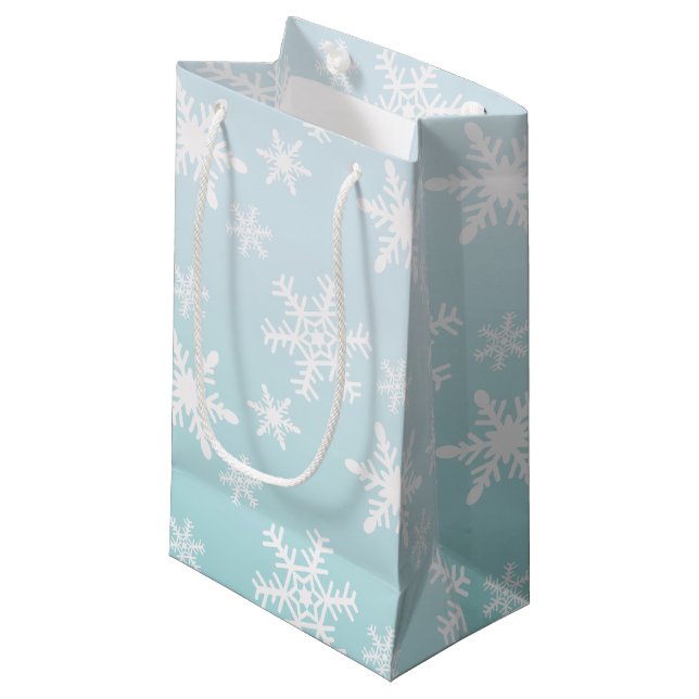 Blue Ombre White Snowflakes Small Gift Bag (Front Angled)