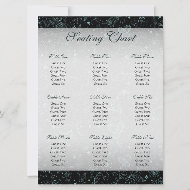 Blue on Black Floral Border Seating Chart Invitation (Back)