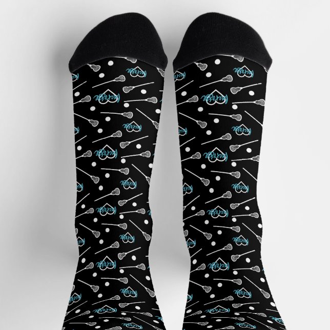 Blue on Black Lacrosse Sticks & Hearts Pattern Socks (Top)