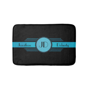 Blue on Black Monogram Art Deco Bath Mat