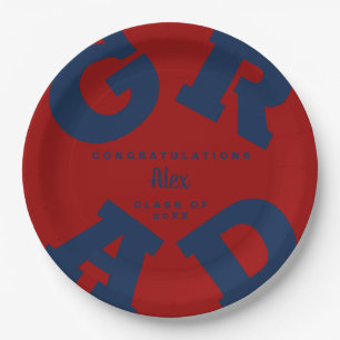 Blue on Dark Red Custom Name Graduation Paper Plate