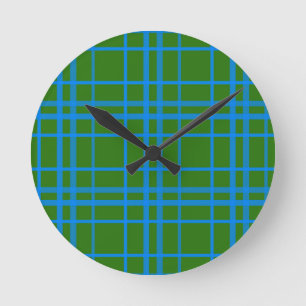 Blue On Green Tartan Plaid Pattern Design Round Clock