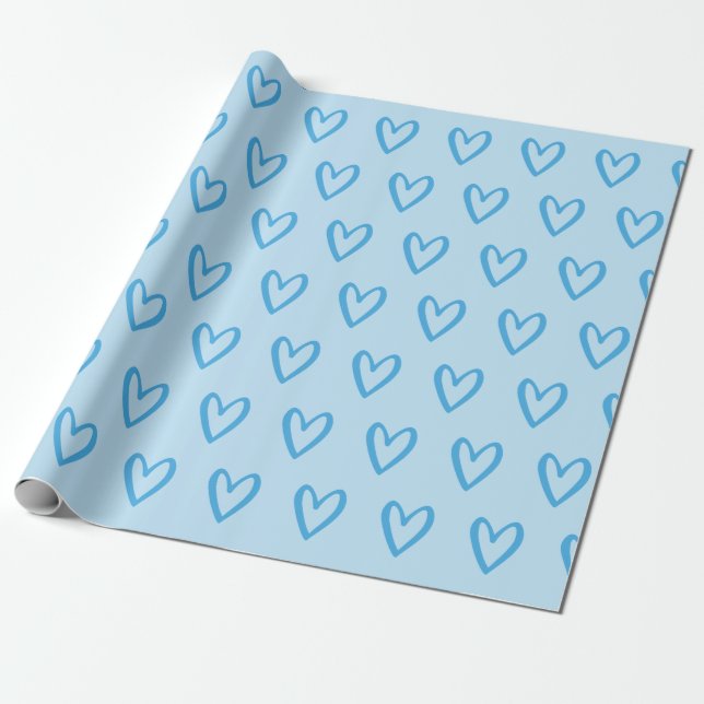 Blue on Light Blue Handdrawn Hearts Wrapping Paper (Unrolled)