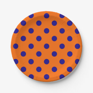 Blue On Orange Polka Dots Pattern Design Paper Plate