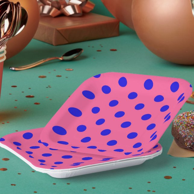 Blue On Pink Polka Dots Pattern Design Paper Plate (Creator Uploaded)