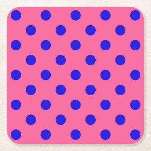 Blue On Pink Polka Dots Pattern Design Square Paper Coaster