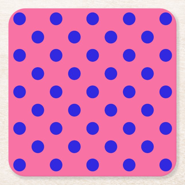 Blue On Pink Polka Dots Pattern Design Square Paper Coaster (Front)