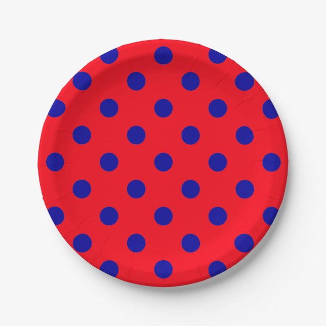 Blue On Red Polka Dots Pattern Design  Paper Plate (Front)
