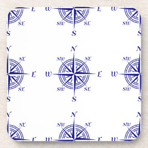 Blue On White Coastal Decor Compass Rose Pattern Coaster