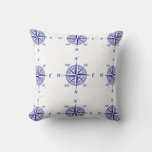 Blue On White Coastal Decor Compass Rose Pattern Cushion