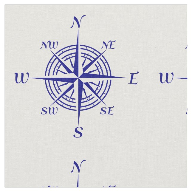 Blue On White Coastal Decor Compass Rose Pattern Fabric (Close Up)