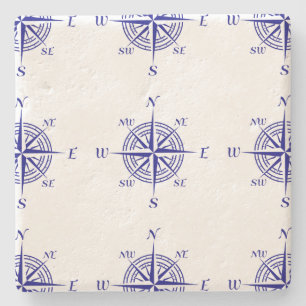 Blue On White Coastal Decor Compass Rose Pattern Stone Coaster