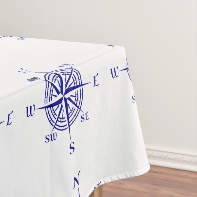 Blue On White Coastal Decor Compass Rose Pattern Tablecloth (In Situ)