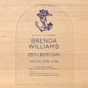 Blue on White Floral Blue Anchor Birthday Party Acrylic Invitations